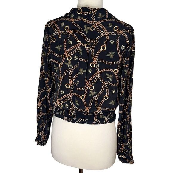 DG2 Diane Gilman Collection Silk Blend Top bee, chains, gold bling button up - Picture 8 of 9